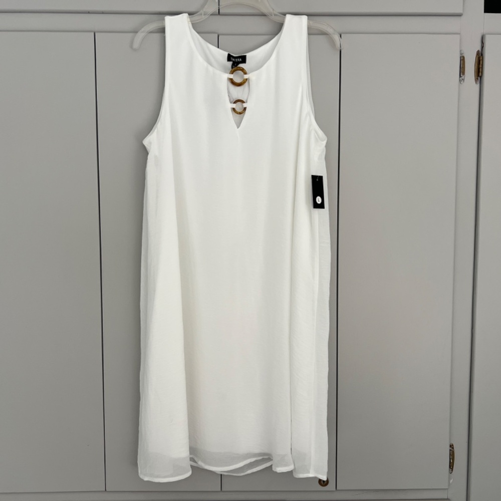NWT Tacera White Crinkle Textured Chiffon Sleeveless Keyhole Midi Shift Dress L
